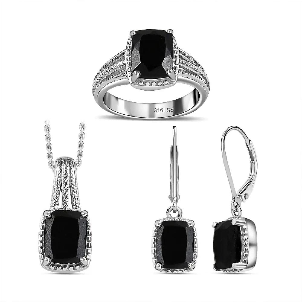 Australian Black Tourmaline Lever Back Earrings Ring Pendant Necklace 20 Inches in Stainless Steel 7.35 ctw
