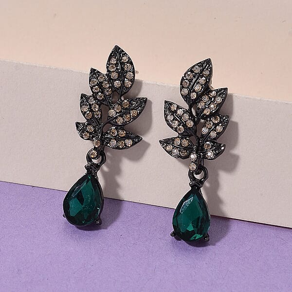 Austrian Champagne Crystal Green Glass Leaf Earrings In Dark Silvertone
