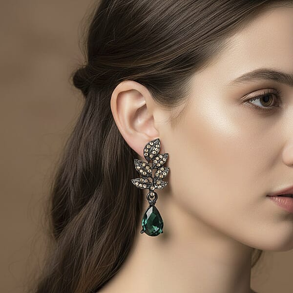 Austrian Champagne Crystal Green Glass Leaf Earrings In Dark Silvertone