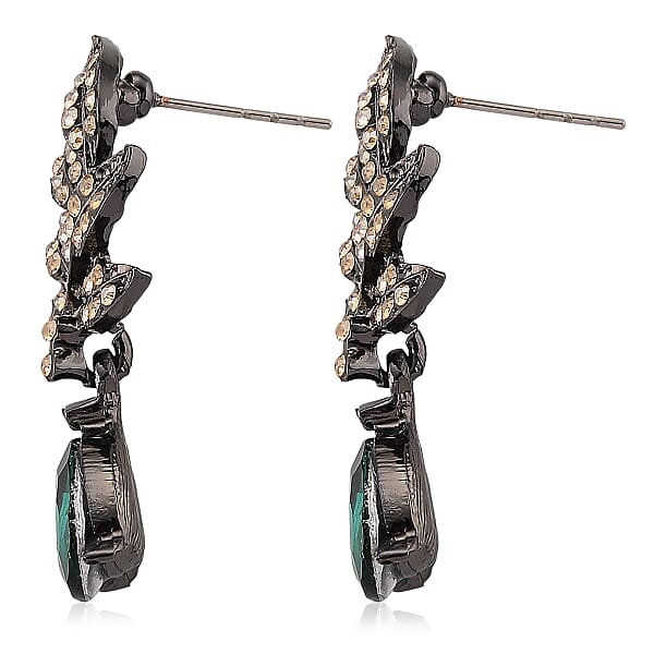 Austrian Champagne Crystal Green Glass Leaf Earrings In Dark Silvertone