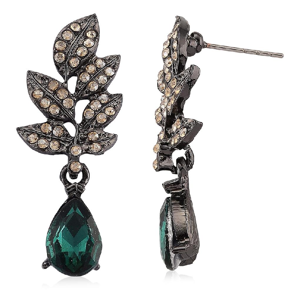 Austrian Champagne Crystal Green Glass Leaf Earrings in Dark Silvertone