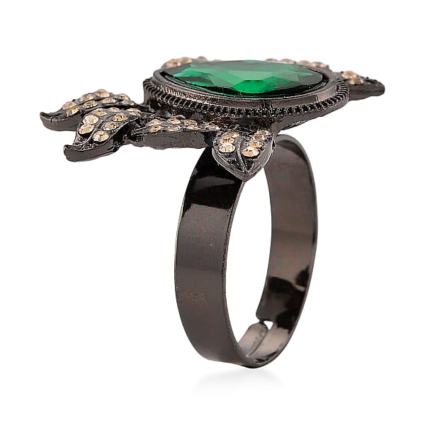 Austrian Champagne Crystal Green Glass Leaf Ring In Dark Silvertone (Size 6-8)
