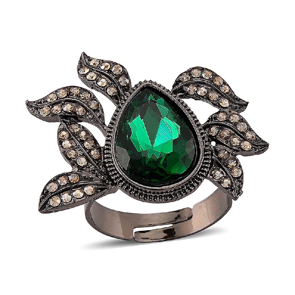 Austrian Champagne Crystal Green Glass Leaf Ring in Dark Silvertone (Size 6-8)