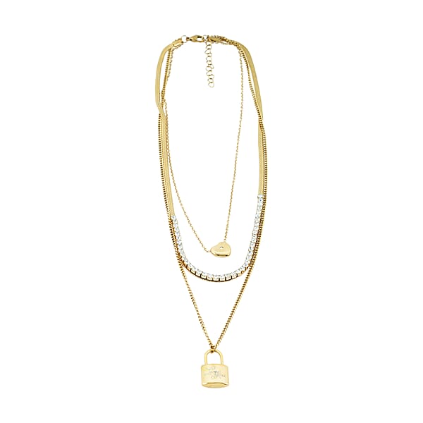 Austrian Crystal 3 Layered Lock And Heart Charm Necklace With 2 Inch Extender (16 18 And 22 Inches) In ION Plated YG Stainless Steel