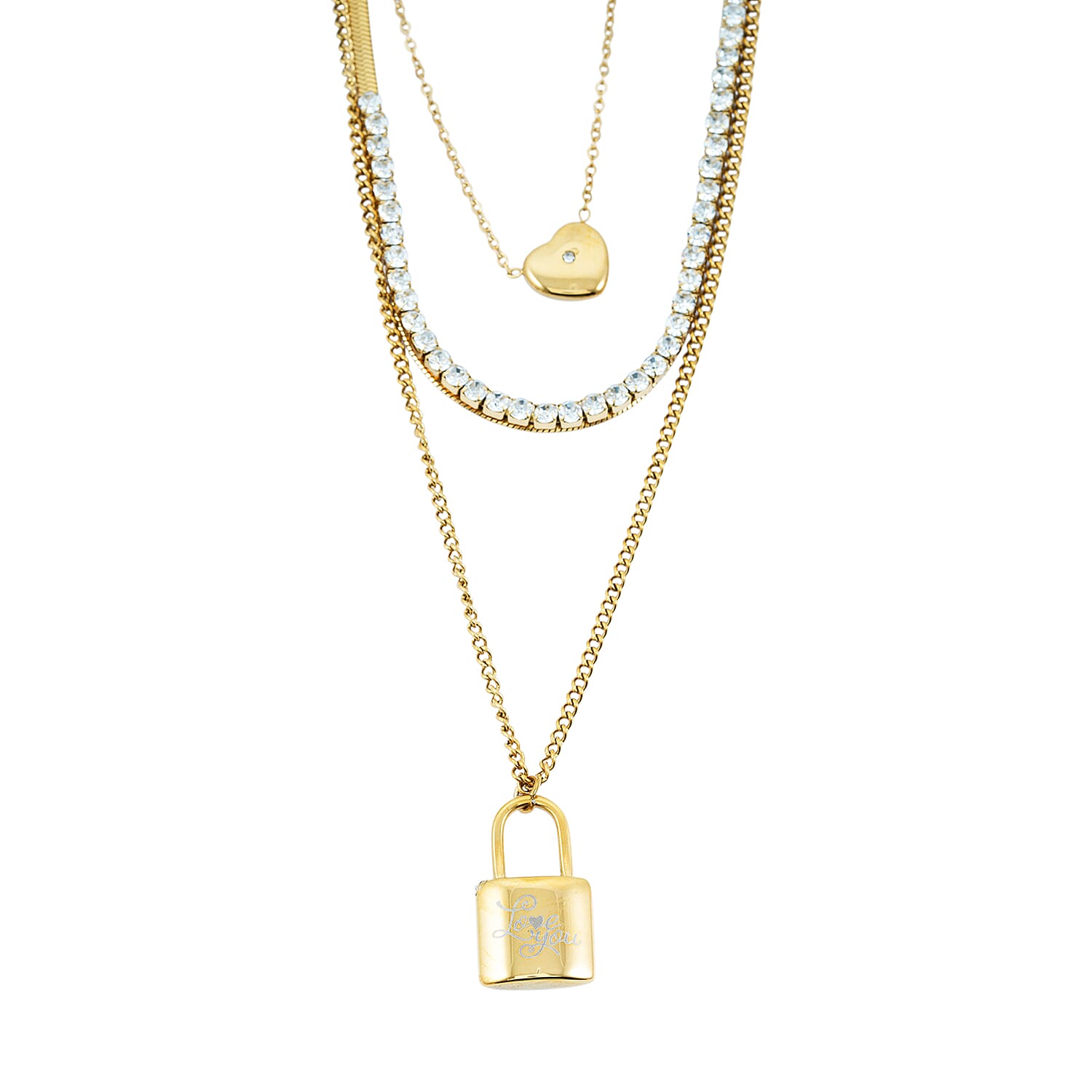 Austrian Crystal 3 Layered Lock and Heart Charm Necklace with 2 Inch Extender (16 18 and 22 Inches) in ION Plated YG Stainless Steel