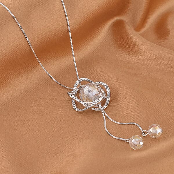 Austrian Crystal And White Aurora Borealis Glass Necklace In Silvertone 18-36 Inches
