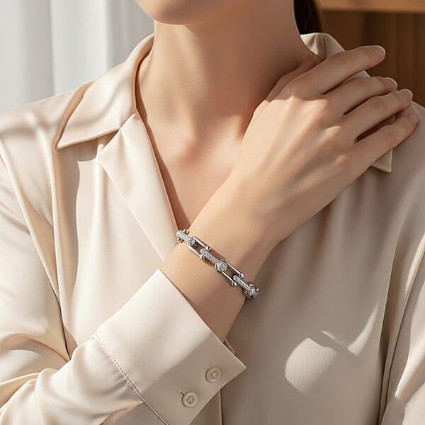 Austrian Crystal Bangle Bracelet In Silvertone (7.50 In)