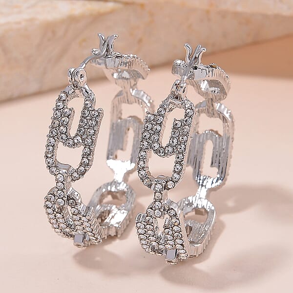 Austrian Crystal Beautiful Paper Clip Hoop Earrings In Silvertone