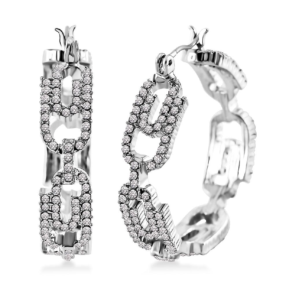 Austrian Crystal Beautiful Paper Clip Hoop Earrings in Silvertone