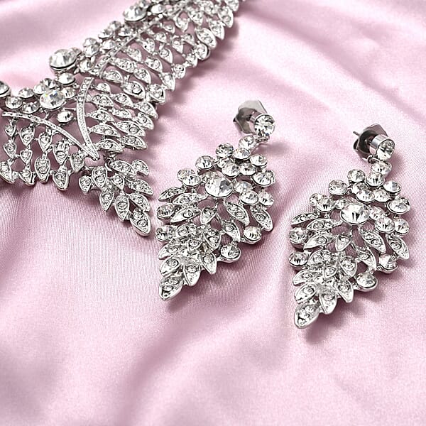 Austrian Crystal Earrings And Bib Necklace In Silvertone 20-23 Inches