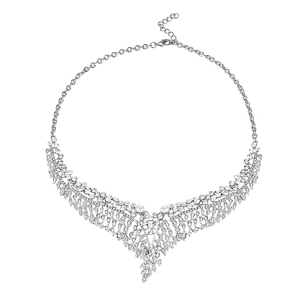 Austrian Crystal Earrings And Bib Necklace In Silvertone 20-23 Inches