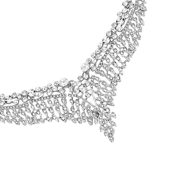 Austrian Crystal Earrings And Bib Necklace In Silvertone 20-23 Inches