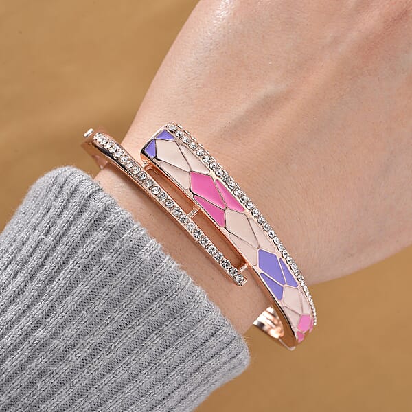 Austrian Crystal Enameled Bangle Bracelet In Rosetone (7.50 In)