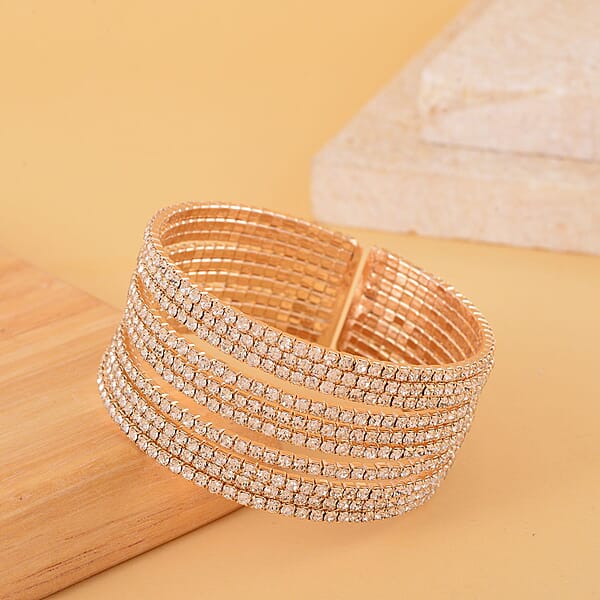 Austrian Crystal Layered Look Cuff Bracelet In Goldtone (6.50-7In)
