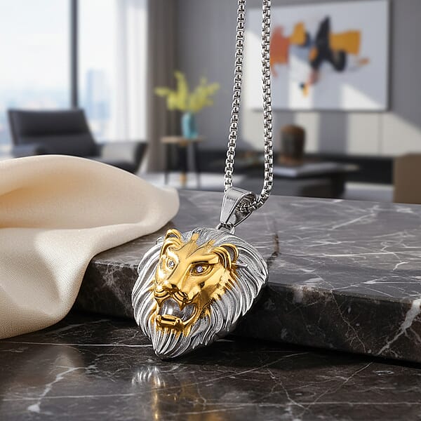 Austrian Crystal Lion Head Pendant Necklace In ION Plated YG And Stainless Steel 24 Inches