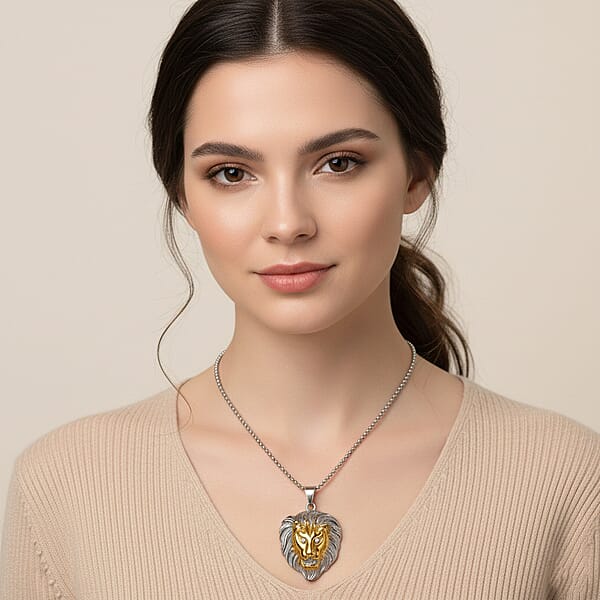 Austrian Crystal Lion Head Pendant Necklace In ION Plated YG And Stainless Steel 24 Inches