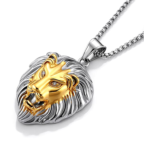Austrian Crystal Lion Head Pendant Necklace In ION Plated YG And Stainless Steel 24 Inches