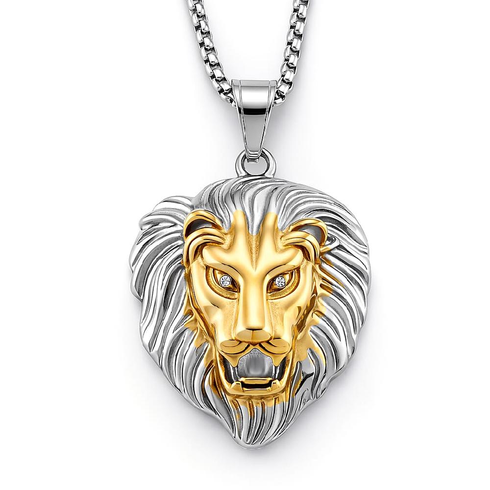 Austrian Crystal Lion Head Pendant Necklace in ION Plated YG and Stainless Steel 24 Inches