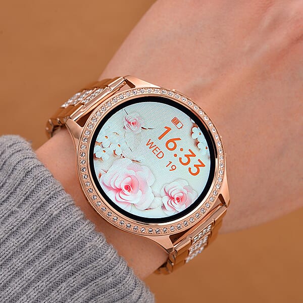 Austrian Crystal Multi Functional Smart Watch In Rosetone With Stainless Steel Butterfly Buckle