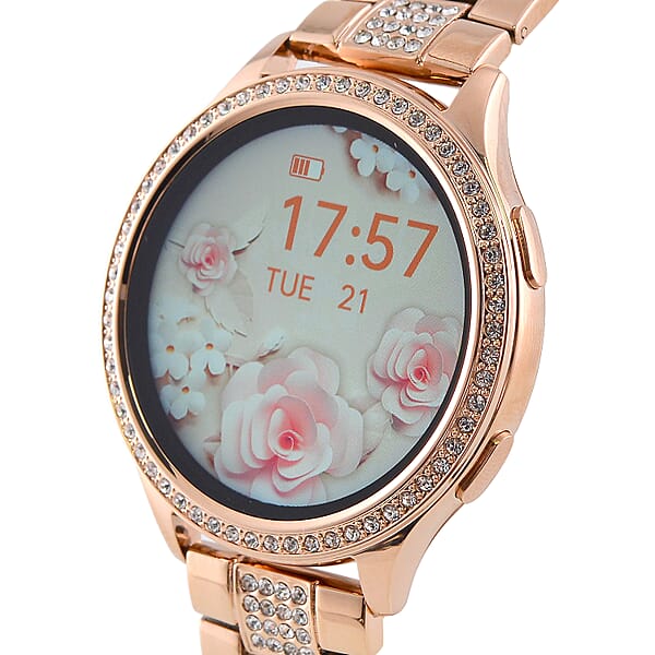 Austrian Crystal Multi Functional Smart Watch In Rosetone With Stainless Steel Butterfly Buckle