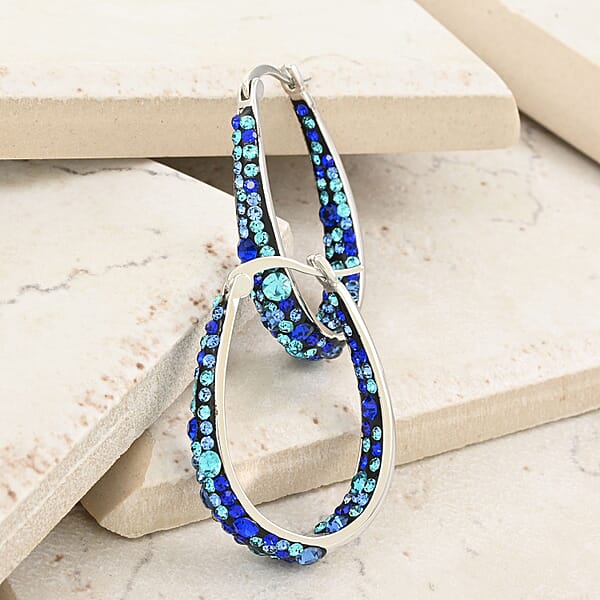 Austrian Peacock Crystal Earrings In Silvertone Inside Out Hoops For Women