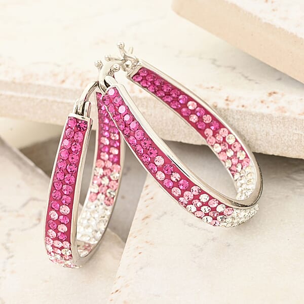 Austrian White Crystal Pink Crystal Earrings In Silvertone Inside Out Hoops For Women