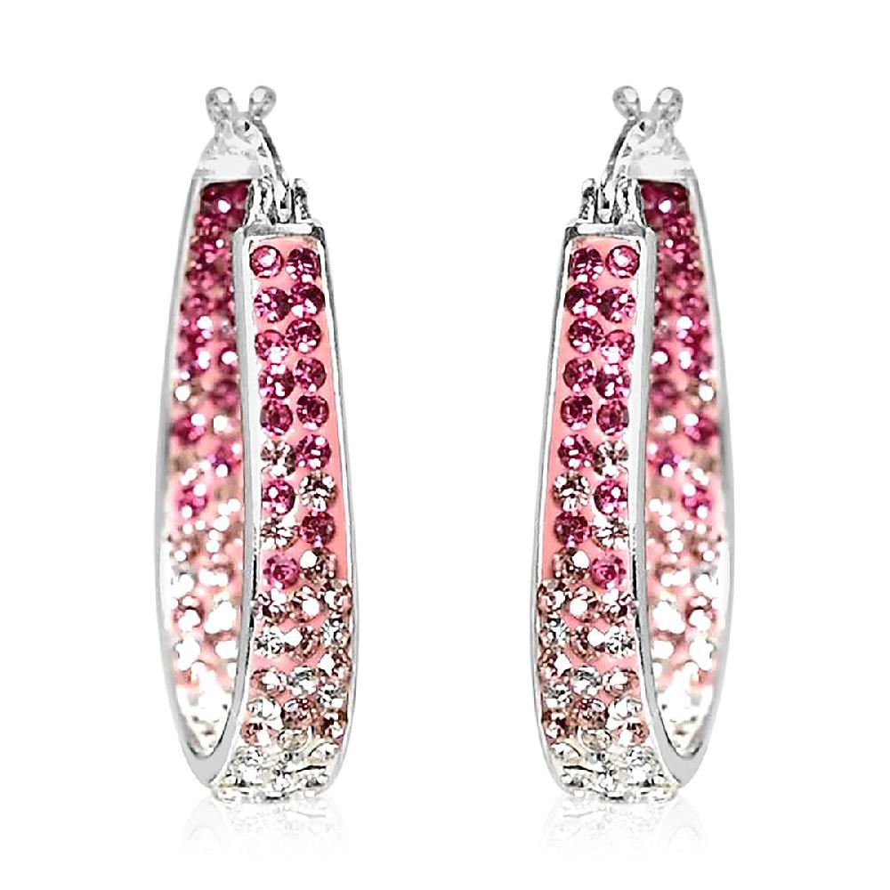 Austrian White Crystal Pink Crystal Earrings in Silvertone Inside Out Hoops For Women