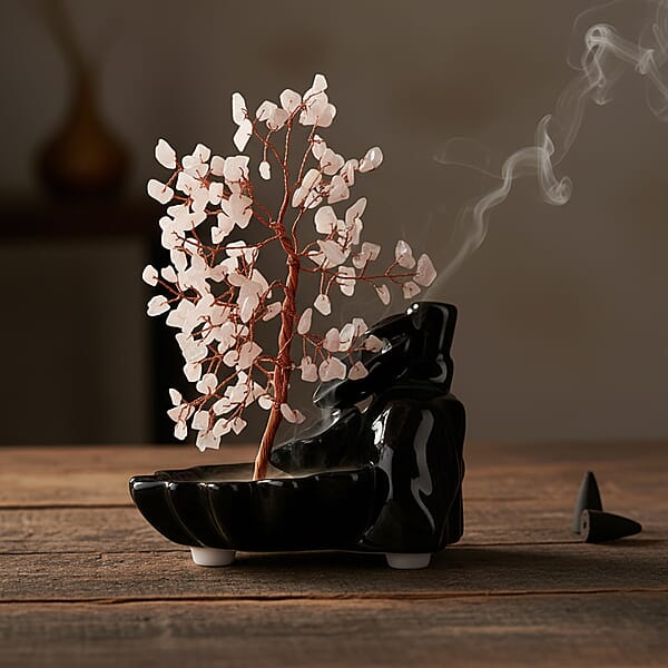 Backflow Incense Burner With Rose Quartz Tree Back Flow Incense Holder With 30 Incense Cones Tree - 150 Beads