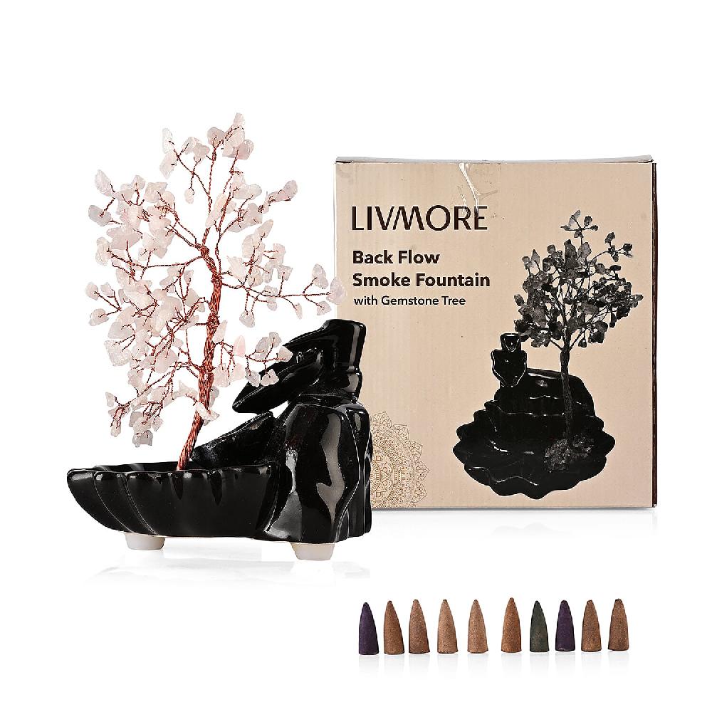 Backflow Incense Burner with Rose Quartz Tree Back Flow Incense Holder with 30 Incense cones Tree - 150 Beads