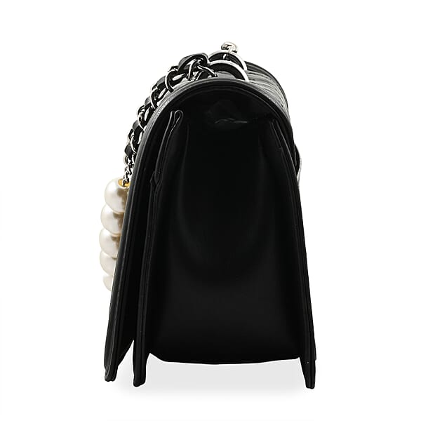 Badgley Mischka Black Quilted Vegan Leather Pearl Crossbody Bag (10x6x3.5)