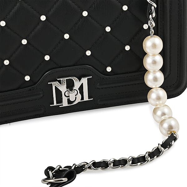 Badgley Mischka Black Quilted Vegan Leather Pearl Crossbody Bag (10x6x3.5)