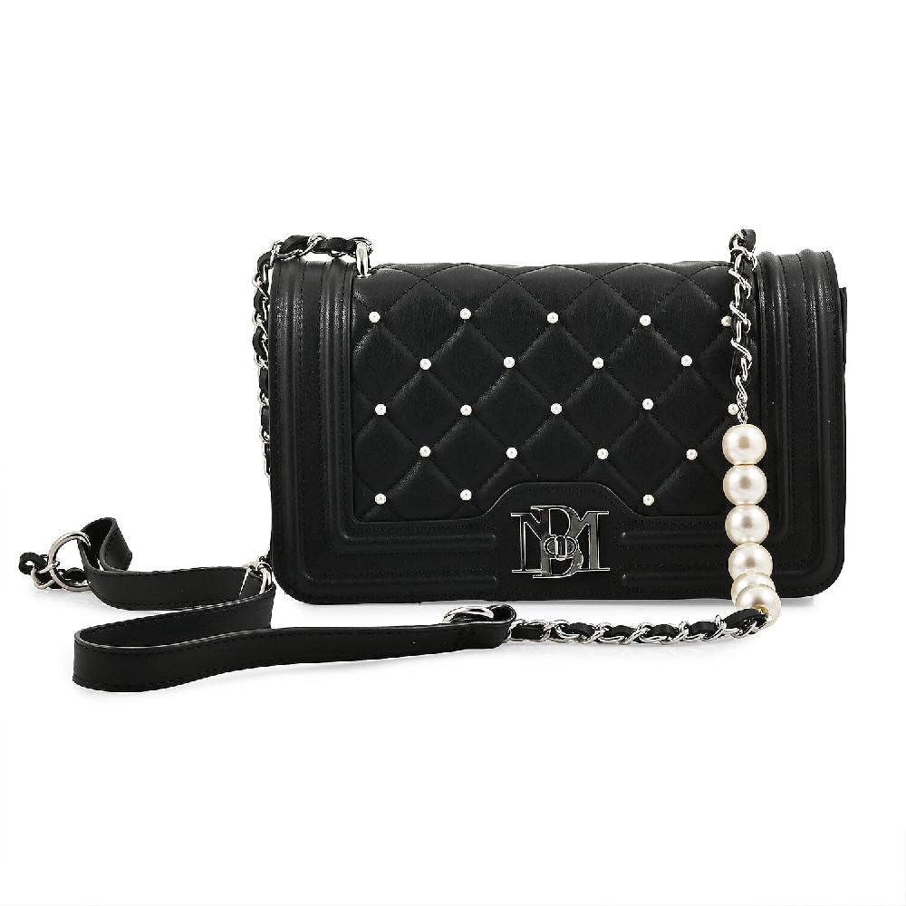 Badgley Mischka Black Quilted Vegan Leather Pearl Crossbody Bag (10x6x3.5)