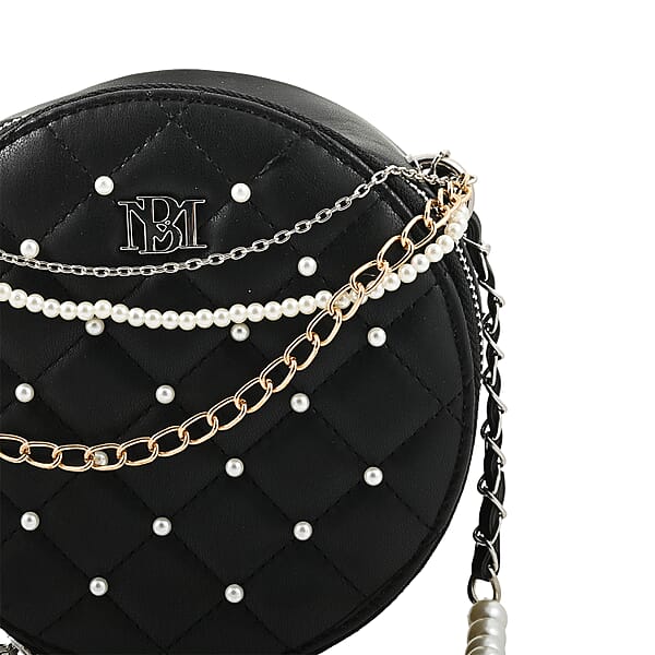 Badgley Mischka Black Quilted Vegan Leather Round Crossbody Bag