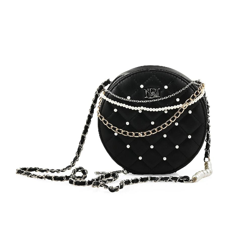 Badgley Mischka Black Quilted Vegan Leather Round Crossbody Bag