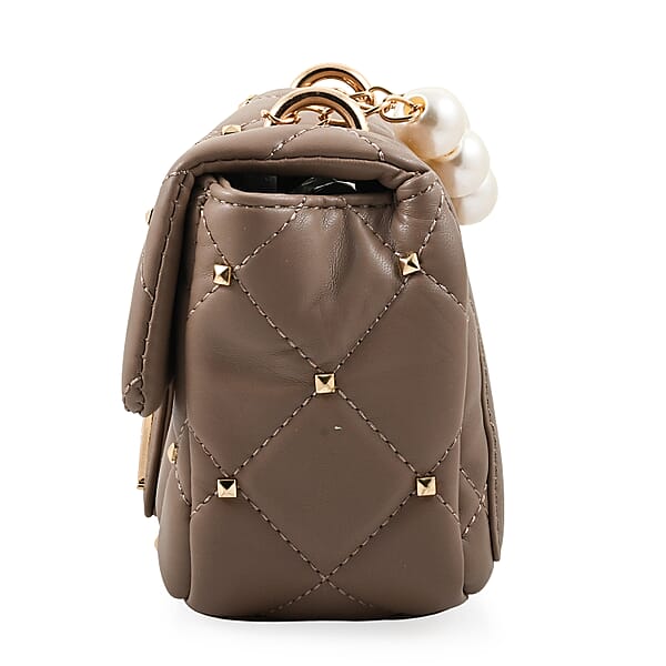 Badgley Mischka Taupe Quilted Vegan Leather Pearl Crossbody Bag (8x5.5x4.8)