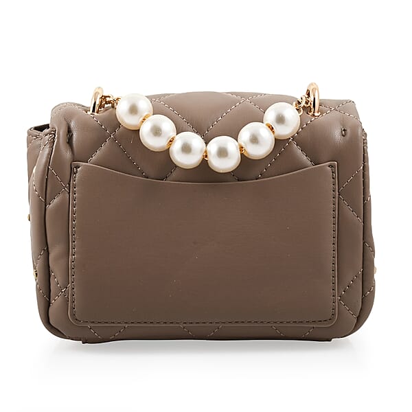 Badgley Mischka Taupe Quilted Vegan Leather Pearl Crossbody Bag (8x5.5x4.8)