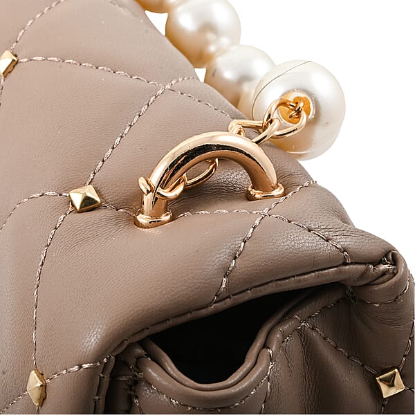 Badgley Mischka Taupe Quilted Vegan Leather Pearl Crossbody Bag (8x5.5x4.8)