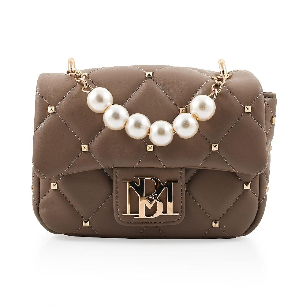 Badgley Mischka Taupe Quilted Vegan Leather Pearl Crossbody Bag (8x5.5x4.8)