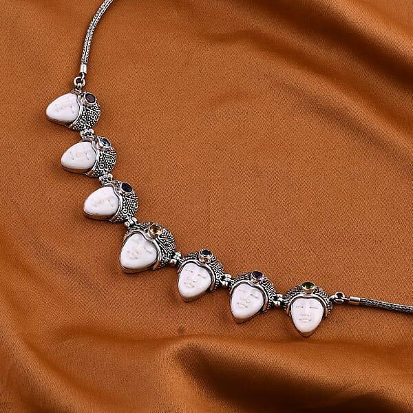 Bali Goddess Carved Bone And Multi Gemstone 3.50 Ctw Seven Princess Necklace In Sterling Silver 20 Inches