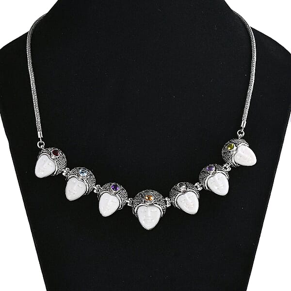 Bali Goddess Carved Bone And Multi Gemstone 3.50 Ctw Seven Princess Necklace In Sterling Silver 20 Inches