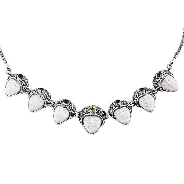 Bali Goddess Carved Bone And Multi Gemstone 3.50 Ctw Seven Princess Necklace In Sterling Silver 20 Inches