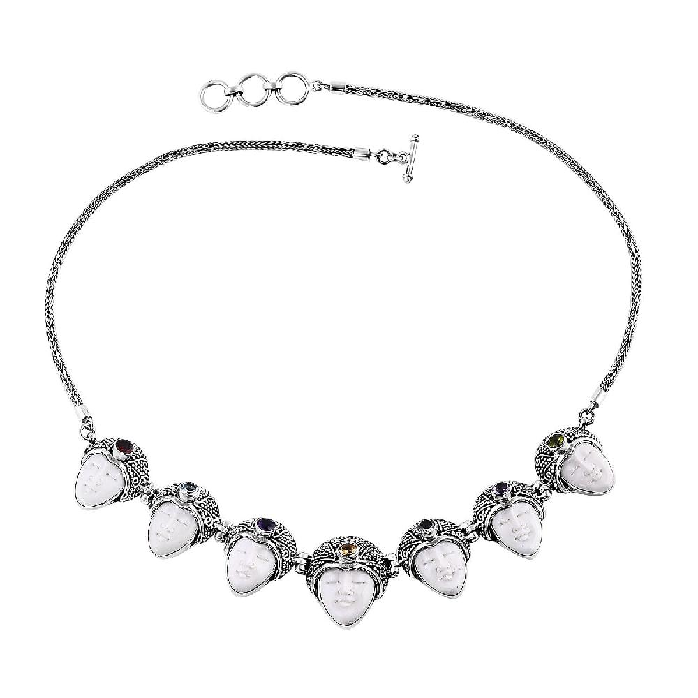 Bali Goddess Carved Bone and Multi Gemstone 3.50 ctw Seven Princess Necklace in Sterling Silver 20 Inches