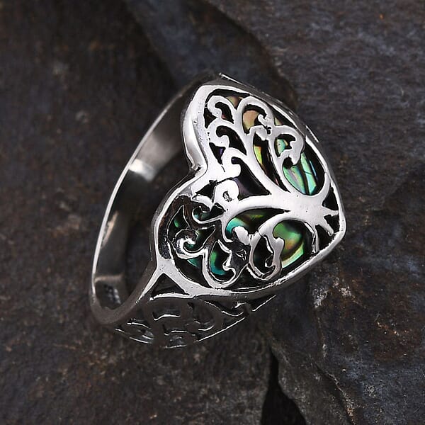Bali Legacy Abalone Shell Floral Tree Of Life Heart Ring In Sterling Silver