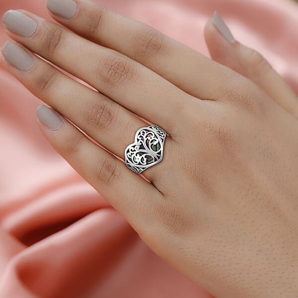Bali Legacy Abalone Shell Floral Tree Of Life Heart Ring In Sterling Silver