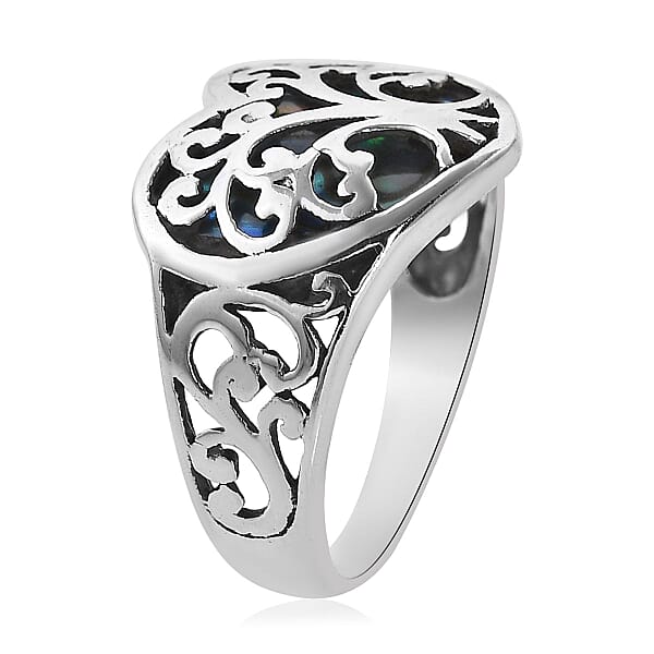 Bali Legacy Abalone Shell Floral Tree Of Life Heart Ring In Sterling Silver
