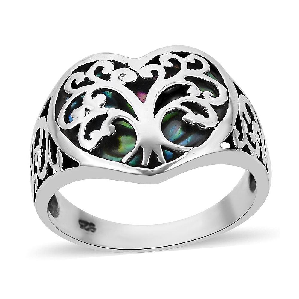 Bali Legacy Abalone Shell Floral Tree of Life Heart Ring in Sterling Silver