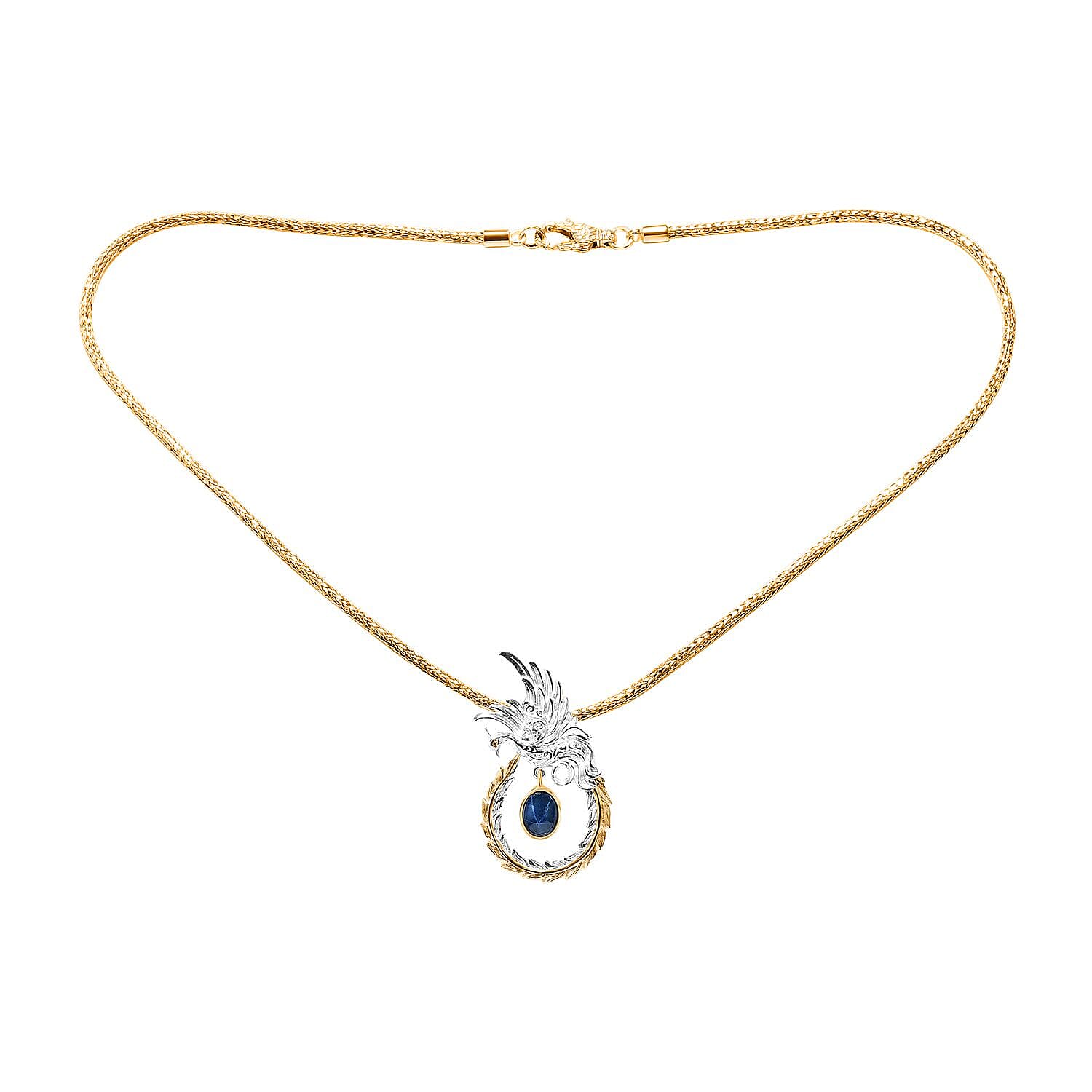 Bali Legacy Blue Star Sapphire (DF) 4.40 ctw Tulang Naga Chain Phoenix Necklace 20 Inches in 22K Vermeil Yellow Gold Over and Sterling Silver