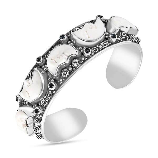 Bali Legacy Carved Bone And Blue Topaz 1.20 Ctw Moon Cuff Bracelet In Sterling Silver (8.00In)