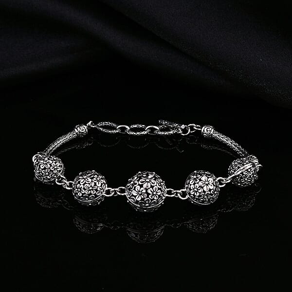Bali Legacy Round Filigree Frangipani Floral Toggle Clasp Bracelet In Sterling Silver (6.50-8.0In) 18.30 Grams