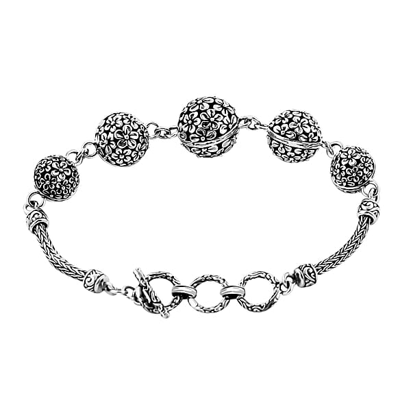 Bali Legacy Round Filigree Frangipani Floral Toggle Clasp Bracelet In Sterling Silver (6.50-8.0In) 18.30 Grams